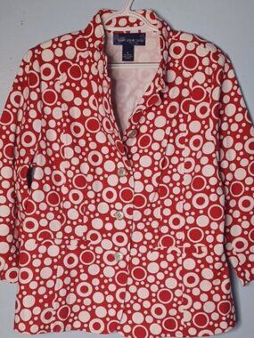 Susan Graver Style Medium Blazer Red White Circles Button Closure